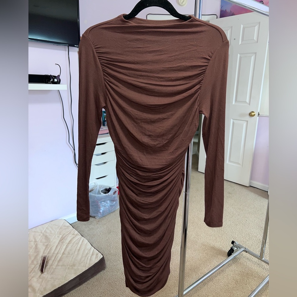 Naked Wardrobe Brown Ruching Stretchy Mini Dress